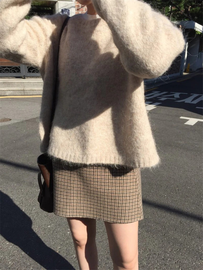 Pullover Knitted Vintage Long Sleeve Autumn Elegant Winter Warm Sweater + Skirt