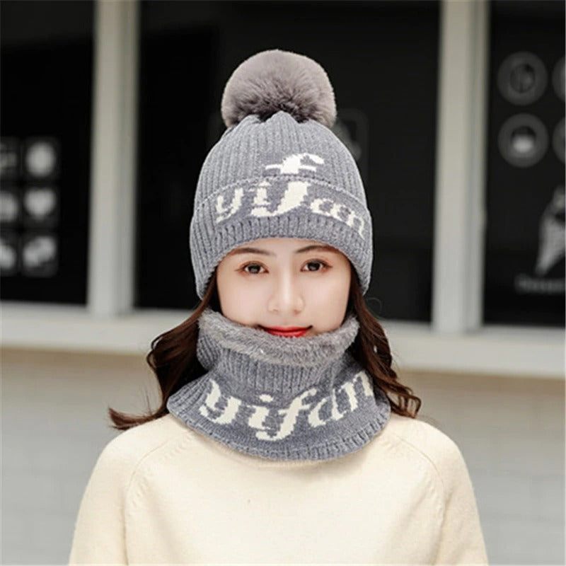 Chenille Plus Velvet All-match Pompoms Outdoor Knitted Woolen Warm Winter Cap