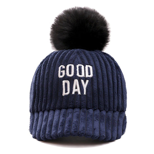 Load image into Gallery viewer, Good Day Letter Pompoms Casual Flannel Warm Cap
