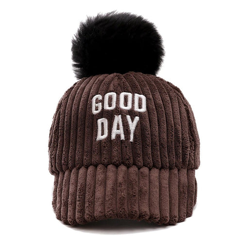 Load image into Gallery viewer, Good Day Letter Pompoms Casual Flannel Warm Cap
