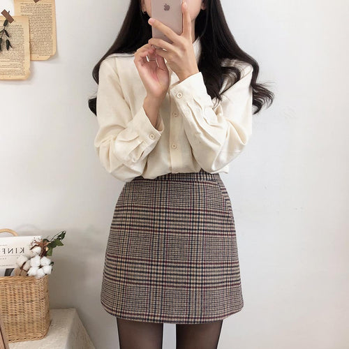 Load image into Gallery viewer, Plaid Mini Vintage High Waist Straight Short Skirt and Shirt
