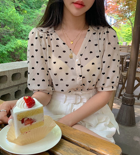 Printed Micro Loose Short sleeve Chiffon Girls Blouse + High waist Skirt