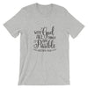 gray tee black text