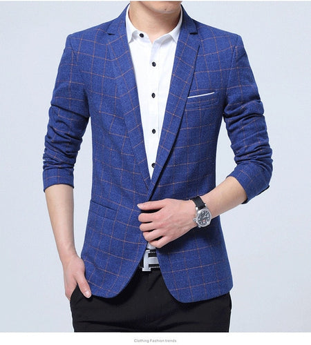 Lattice Plaid and Striped Business Slim Fit Blazers-men-wanahavit-Blue-M-wanahavit