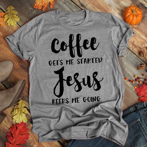 Load image into Gallery viewer, Coffee Gets Me Started Jesus Keeps Me Going Christian Statement Shirt-unisex-wanahavit-gray tee black text-L-wanahavit
