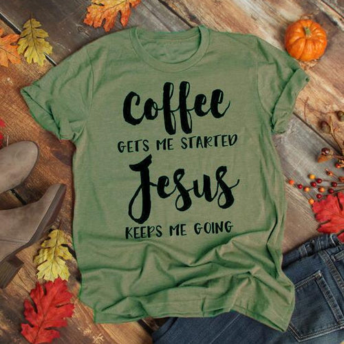 Load image into Gallery viewer, Coffee Gets Me Started Jesus Keeps Me Going Christian Statement Shirt-unisex-wanahavit-olive tee black text-L-wanahavit

