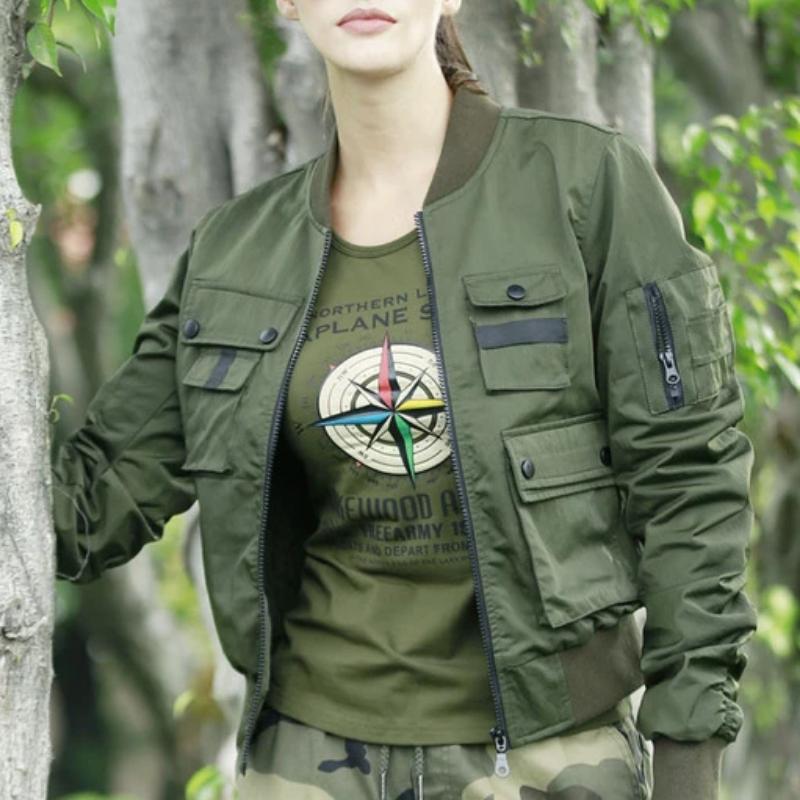 Military Motorcycle Multi Pocket Bomber Jacket-women-wanahavit-Army Green-S-wanahavit