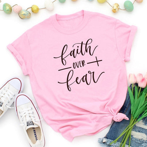 Load image into Gallery viewer, Faith Over Fear Cross Christian Statement Shirt-unisex-wanahavit-pink tee black text-S-wanahavit
