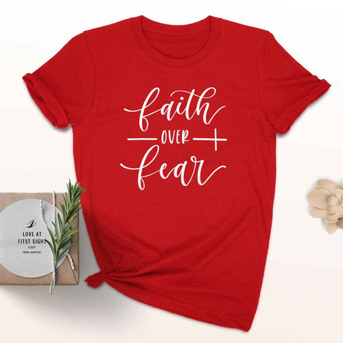 Load image into Gallery viewer, Faith Over Fear Cross Christian Statement Shirt-unisex-wanahavit-red tee white text-S-wanahavit
