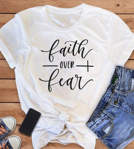 Faith Over Fear Cross Christian Statement Shirt-unisex-wanahavit-white tee black text-S-wanahavit