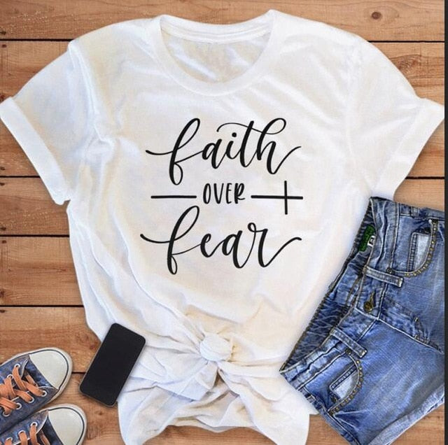 Faith Over Fear Cross Christian Statement Shirt-unisex-wanahavit-white tee black text-S-wanahavit