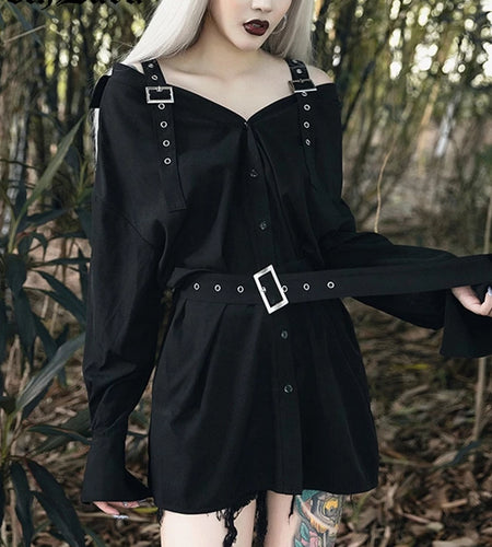 Dark Aesthetic Grunge Single Button Asymmetrical Dress-women-wanahavit-black-M-wanahavit
