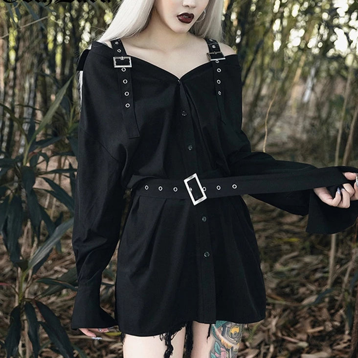 Dark Aesthetic Grunge Single Button Asymmetrical Dress-women-wanahavit-black-M-wanahavit