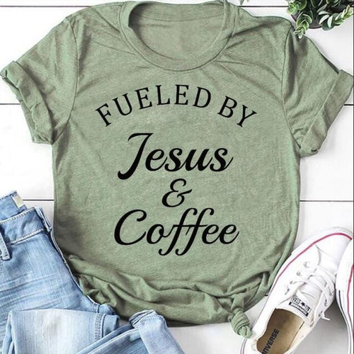 Load image into Gallery viewer, Fueled By Jesus &amp; Coffee Christian Statement Shirt-unisex-wanahavit-olive tee black text-XXXL-wanahavit
