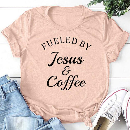 Load image into Gallery viewer, Fueled By Jesus &amp; Coffee Christian Statement Shirt-unisex-wanahavit-peach tee black text-XL-wanahavit

