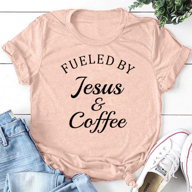 Fueled By Jesus & Coffee Christian Statement Shirt-unisex-wanahavit-peach tee black text-XL-wanahavit