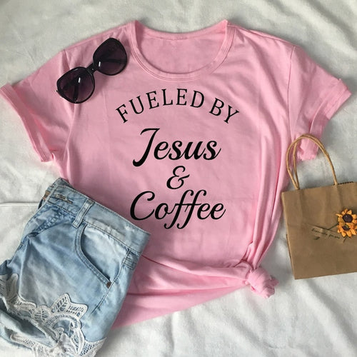Load image into Gallery viewer, Fueled By Jesus &amp; Coffee Christian Statement Shirt-unisex-wanahavit-pink tee black text-S-wanahavit
