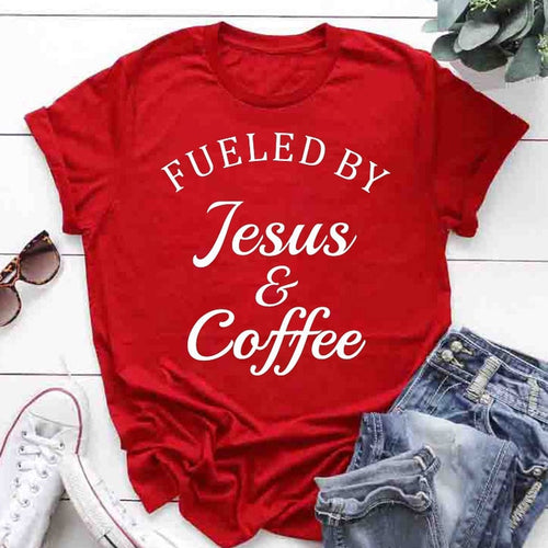 Load image into Gallery viewer, Fueled By Jesus &amp; Coffee Christian Statement Shirt-unisex-wanahavit-red tee white text-XL-wanahavit
