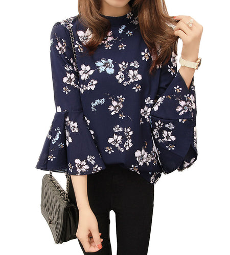Autumn Floral Chiffon Flare Sleeve Shirt Blouse-women-wanahavit-Blue-S-wanahavit