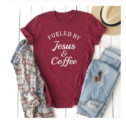 Load image into Gallery viewer, Fueled By Jesus &amp; Coffee Christian Statement Shirt-unisex-wanahavit-white tee black text-S-wanahavit
