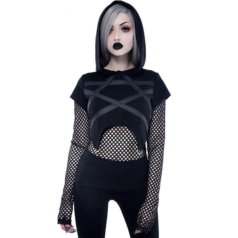 Goth Dark Black Mesh Patchwork Navel Rivet Shirt for women sale at 32. ...