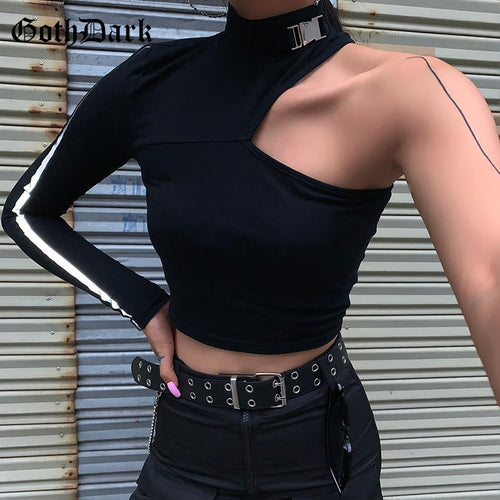 Load image into Gallery viewer, Dark Black Punk Holographic Gothic Skinny Crop Top Shirt-women-wanahavit-Black-S-wanahavit

