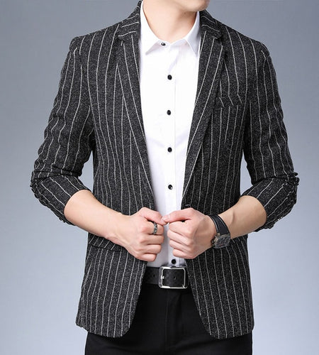 Striped Single Buttoned Businessmen Blazers-men-wanahavit-Black-M-wanahavit