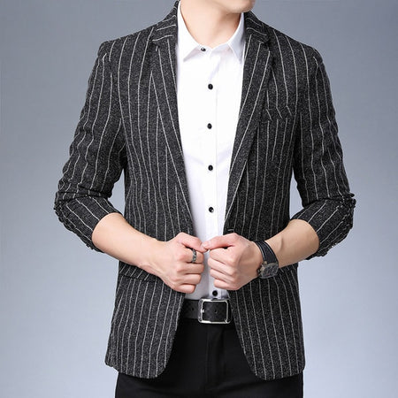 Striped Single Buttoned Businessmen Blazers-men-wanahavit-Navy Blue-M-wanahavit