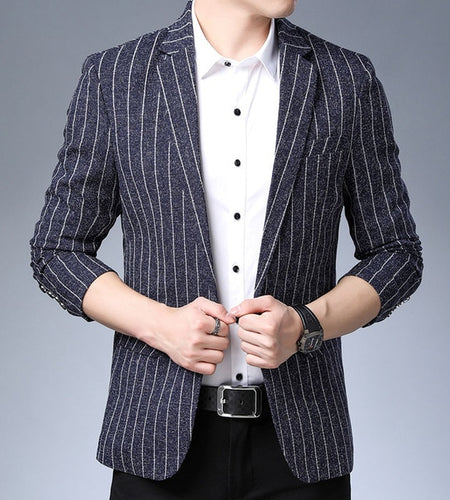 Striped Single Buttoned Businessmen Blazers-men-wanahavit-Navy Blue-M-wanahavit