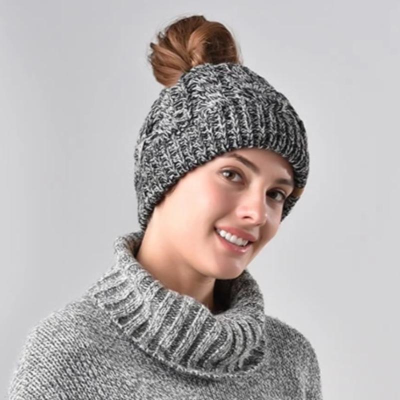 Winter Ponytail Messy Bun Casual Warm Knitted Winter Beanie-women-wanahavit-dark grey-wanahavit