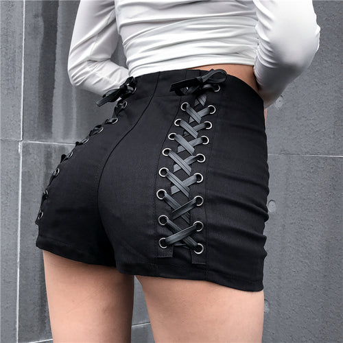 Load image into Gallery viewer, Sexy Gothic High Waist Slim Punk Lace Up Bandage Shorts-women-wanahavit-black-L-wanahavit
