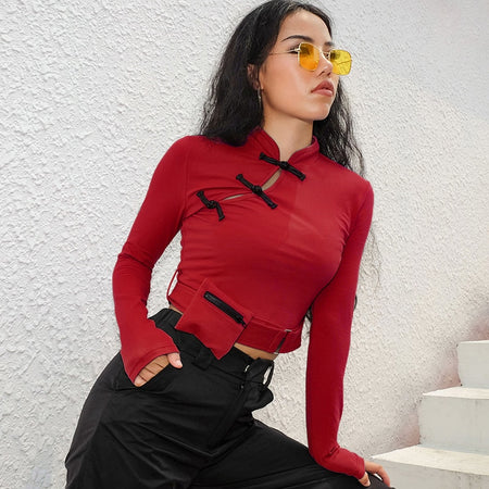Vintage Sexy Asymmetric Neck Slit Crop Top Korean Long Sleeve-women-wanahavit-blue-L-wanahavit
