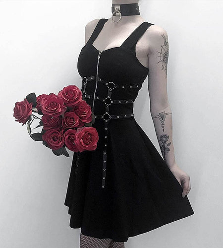 Chain Eyelet Web Zipper Harajuku Black Mini Dress-women-wanahavit-black-L-wanahavit