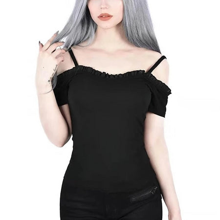 Lace Up Off Shoulder Ruffle Backless Shirt-women-wanahavit-black-L-wanahavit