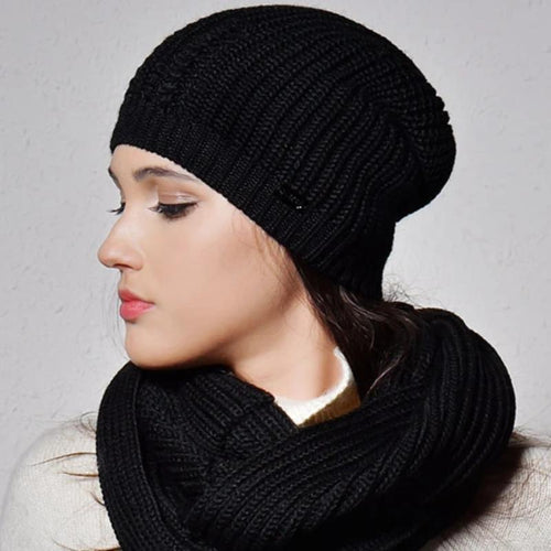Load image into Gallery viewer, Wool Slouchy Infinity Scarves And Casual Warm Knitted Winter Beanie-women-wanahavit-Black-wanahavit

