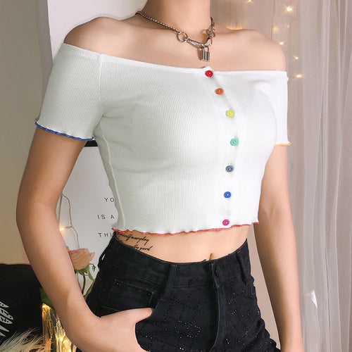 Load image into Gallery viewer, Colorful Button Off Shoulder Summer Tops-women-wanahavit-white-S-wanahavit
