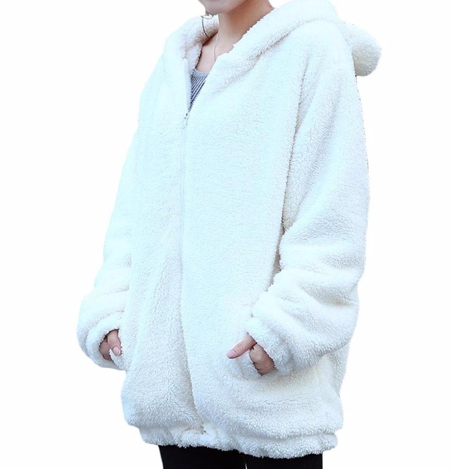 Fluffy Cute Bear Warm Hooded Jacket-women-wanahavit-White-One Size-wanahavit