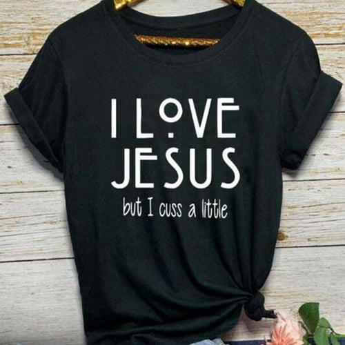 Load image into Gallery viewer, I Love Jesus But I Cuss A Little Christian Statement Shirt-unisex-wanahavit-black tee white text-XXXL-wanahavit
