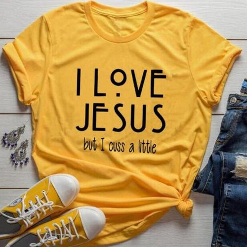 Load image into Gallery viewer, I Love Jesus But I Cuss A Little Christian Statement Shirt-unisex-wanahavit-gold tee black text-XXXL-wanahavit
