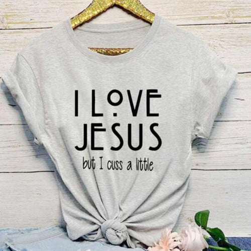 Load image into Gallery viewer, I Love Jesus But I Cuss A Little Christian Statement Shirt-unisex-wanahavit-gray tee black text-M-wanahavit
