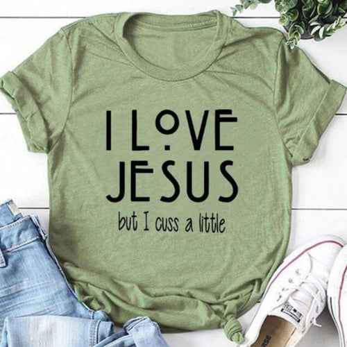 Load image into Gallery viewer, I Love Jesus But I Cuss A Little Christian Statement Shirt-unisex-wanahavit-olive tee black text-XXXL-wanahavit
