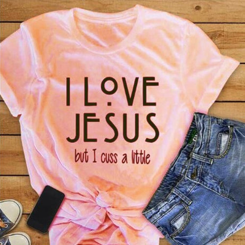 Load image into Gallery viewer, I Love Jesus But I Cuss A Little Christian Statement Shirt-unisex-wanahavit-peach tee black text-S-wanahavit
