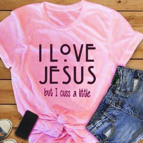 Load image into Gallery viewer, I Love Jesus But I Cuss A Little Christian Statement Shirt-unisex-wanahavit-pink tee black text-M-wanahavit
