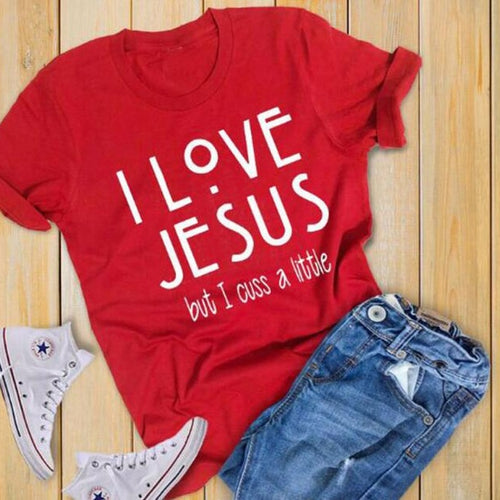 Load image into Gallery viewer, I Love Jesus But I Cuss A Little Christian Statement Shirt-unisex-wanahavit-red tee white text-M-wanahavit
