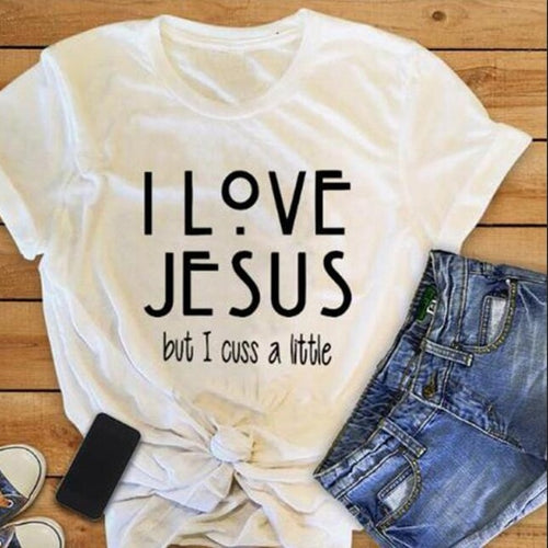 Load image into Gallery viewer, I Love Jesus But I Cuss A Little Christian Statement Shirt-unisex-wanahavit-white tee black text-S-wanahavit
