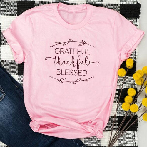 Load image into Gallery viewer, Grateful Thankful Blessed Christian Statement Shirt-unisex-wanahavit-pink tee black text-S-wanahavit
