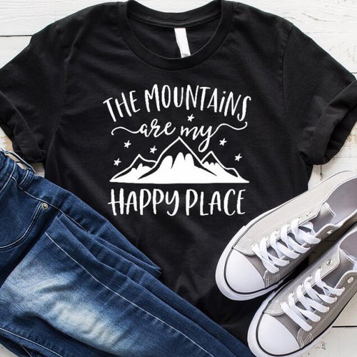 Load image into Gallery viewer, The Mountains Camping Are My Happy Place Statement Shirt-unisex-wanahavit-black tee white text-S-wanahavit
