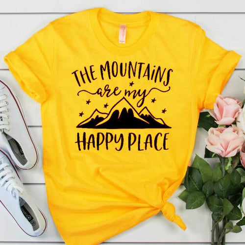 Load image into Gallery viewer, The Mountains Camping Are My Happy Place Statement Shirt-unisex-wanahavit-gold tee black text-L-wanahavit
