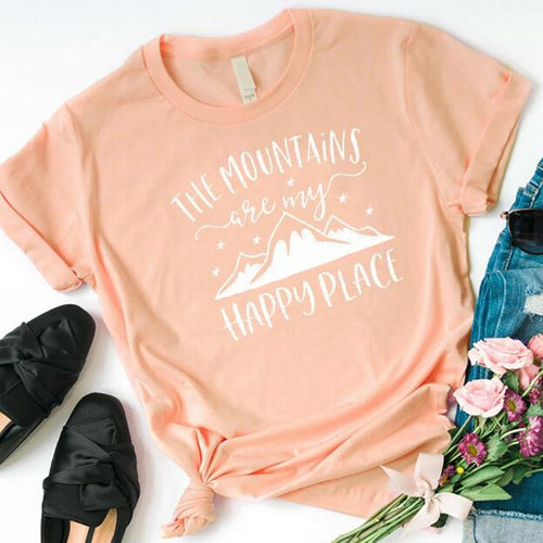 Load image into Gallery viewer, The Mountains Camping Are My Happy Place Statement Shirt-unisex-wanahavit-peach tee white text-S-wanahavit
