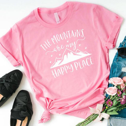 Load image into Gallery viewer, The Mountains Camping Are My Happy Place Statement Shirt-unisex-wanahavit-pink tee white text-L-wanahavit
